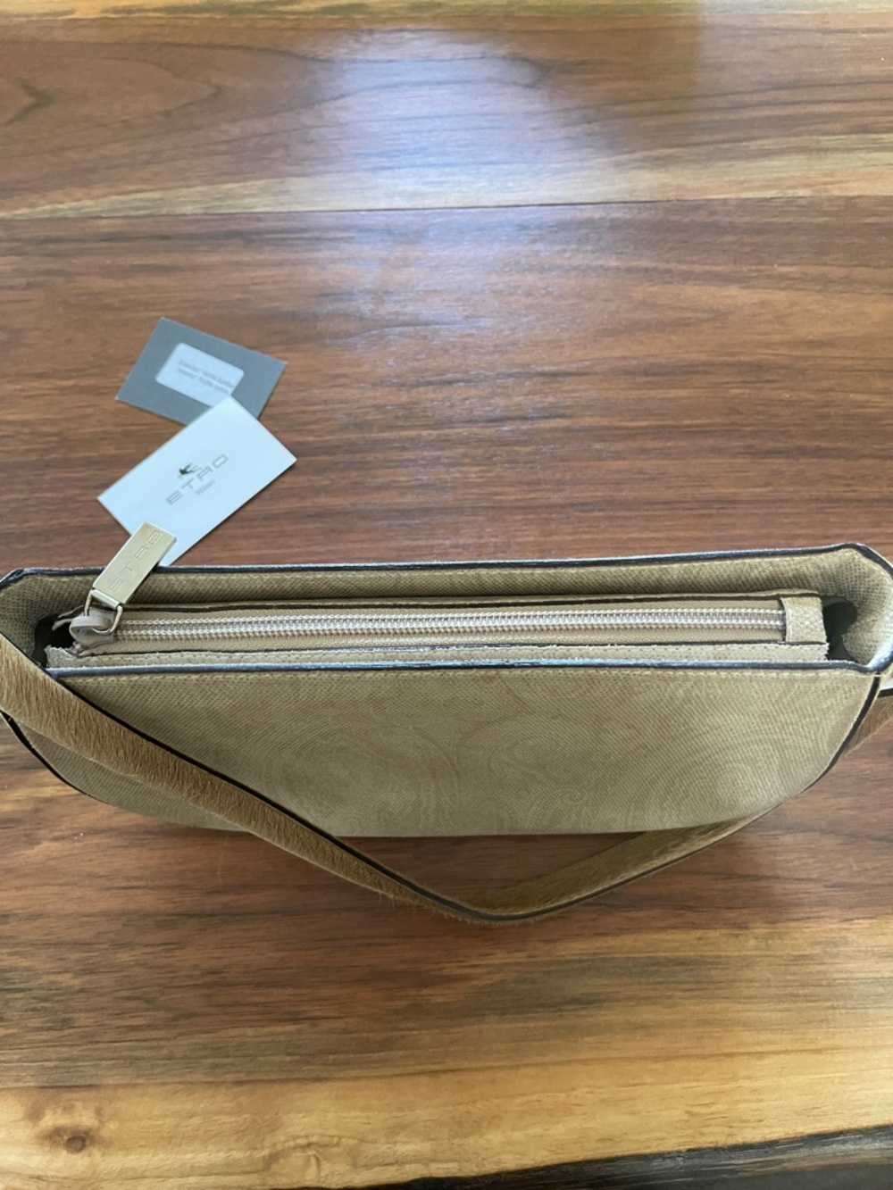 Etro Unique Light Cream & Taupe Paisley Print Fur Lined Strap Hand Bag. - Picture 6 of 8